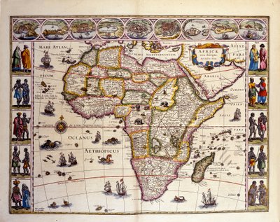 Mapa Afryki z Atlasu Williama Blaeu. Na szczycie znajdują się miasta Tanger, Ceuta, Algier, Tunis, Aleksandria, Alcair, Mozambik, Saint Georges de la Mina, Wyspy Kanaryjskie. Różne wyspy są również reprezentowane poza Afryką, Wyspy Maskareignes, Mada autorstwa Unknown artist