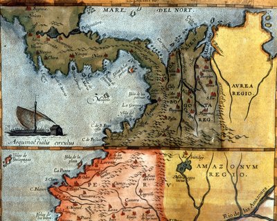 Mapa Ameryki Środkowej w XVI wieku: powyżej przedstawia regiony Peru, Amazonii i Bogoty (Panama, Kolumbia i Wenezuela). autorstwa Unknown artist