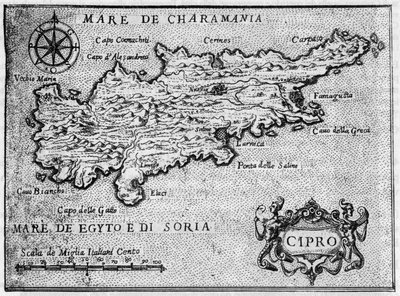 Mapa wyspy Cypr (Cypr) w 1587 w „”Najbardziej oddanej podróży Jerozolimy”. autorstwa Unknown artist