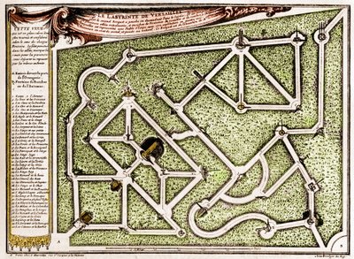 Mapa labiryntu w parku zamku w Wersalu, stworzona przez Andre Le Notre (1613-1700). Grawer w „” La Nature. Revue des sciences et de ses applications aux arts et a l