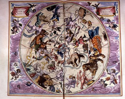 Mapa nieba i znaków zodiaku - faksymile starożytnej kompozycji przedstawiającej konstelacje nieba północnego według „Harmonia Macrocosmica” André Cellarius autorstwa Unknown artist