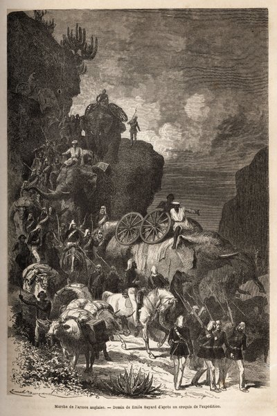 Marsz armii angielskiej w kierunku płaskowyżu Dalanta, podążając za wojskami cesarza Teodorosa (ok. 1818-1868), ze słoniami do transportu artylerii. Grawerowanie ilustrujące historię „” les captifs de Theodoros””, autorstwa doktora Henry