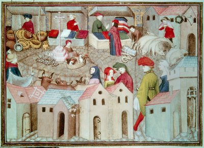 Marche de Champeaux w Paryżu Sprzedawcy betaili i drobiu, draperie. Miniatura zaczerpnięta z „Wędrującego rycerza” Thomasa de Saluces (Tommaso III di Saluzzo), około 1403-1404. Paryż, B.N. autorstwa Unknown artist