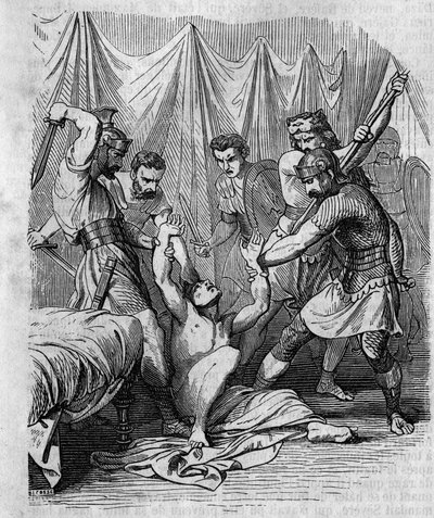 Marcus Hordeonius Flaccus masakry rzymskiego senatora przez własnych żołnierzy w I wieku. Rycina XIX wieku. autorstwa Unknown artist
