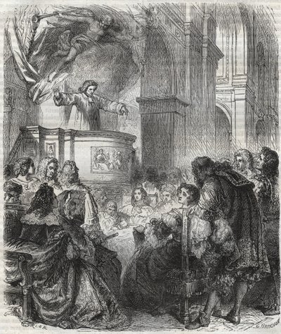 Marie de Rabutin-Chantal (Rabutin Chantal), markiza Sevigne znana jako Madame de Sevigne (1626-1696), posłuchaj francuskiego Louisa Bourdaloue (1632-1704) w kościele jezuitów, Saint-Louis w Paryżu - rycina z 1866 r. autorstwa Unknown artist