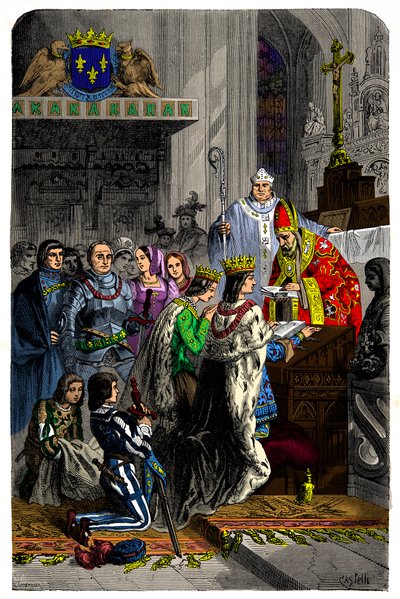 Ślub Karola VIII (1470-1498) i Anny Bretanii (1477-1514) 13 grudnia 1491 na zamku w Langeais, rycina XIX wiek autorstwa Unknown artist