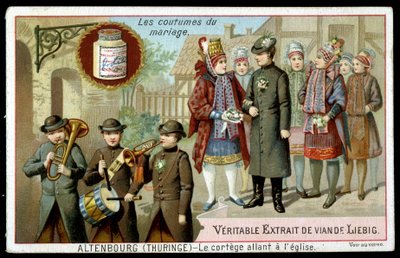 Zwyczaje małżeńskie: procesja idąca do kościoła w Altenburgu (Turyngia) - chromo. Liebig, t. 1895 autorstwa Unknown artist