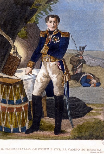 Marszałek Laurent Marquis de Gouvion Saint Cyr (1764 do 1830) w bitwie pod Dreznem w 1813 roku grawerowanie XIX wieku autorstwa Unknown artist