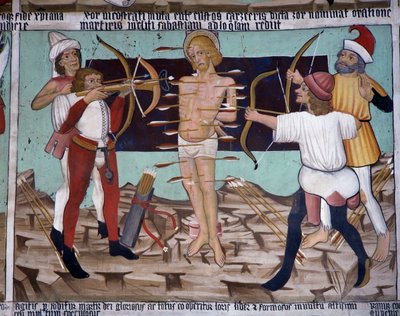 Męczeństwo św. Sebastiana, życie św. Sebastiana (XV wiek), freski, kaplica św. Sebastiana, Villard-de-Lans, Rodan-Alpy, Francja. autorstwa Unknown artist