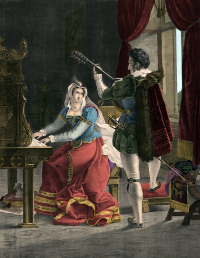 Maria Stuart i David Rizzio - Marie (Mary) Iere Stuart (1542-1587) z Davidem (Davidem) Rizzio - Grawerowanie XIX wieku autorstwa Unknown artist