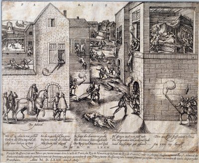 Masakra św. Barthelemy (św. Barthelemy) w Paryżu w nocy z 24 sierpnia 1572. Rycina z XVI wieku. Pau, Musee Du Chateau autorstwa Unknown artist