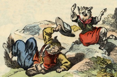 Mistrz lis bawi się z małą kozą. Ilustracja do bajki „Bon medor i mały Chevrette””. W „Opowieściach z domu dla najmłodszych””. Anonimowy rycina z XIX wieku. autorstwa Unknown artist