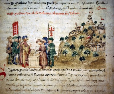 Mastino II de la Scala (1308 - 1351) daje miastu Florencja dużo ziemi z Lukki, około 1300 - w „”Croniche del Sercambi””, około 1400. Archiwum Narodowe, Lucca. autorstwa Unknown artist