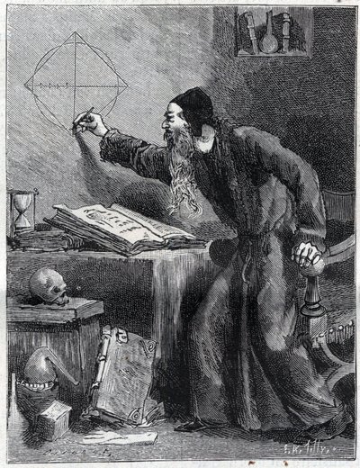 Matematyka i Geometria: Badacz naukowy kwadratury koła w XVI wieku. Grawer w „La Nature” 1890. Ze zbiorów prywatnych. autorstwa Unknown artist