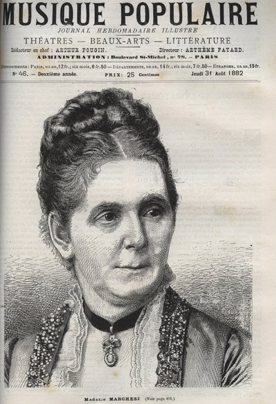 Mathilde Marchesi (1821-1913) Niemiecki mezzosopran - grawer w znakomitym tygodniku „Muzyka popularna”” - 1882 autorstwa Unknown artist