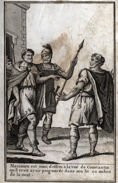 Maksymian Herkules (Marcus Aurelius Valerius Maximianus) (ok. 250-310), cesarz rzymski, ogarnia strach na widok Konstantyna (Konstantyn I, Flauius Valerius Aurelius Constantinus, 272-306), swego zięcia, którego myśli, że dźgnął go w łóżko i autorstwa Unknown artist