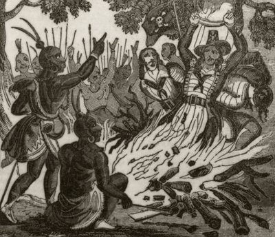 „McFarren, jego partner i czterej członkowie załogi, spaleni przez tubylców z Wysp Sandwich”, ok. 1836 autorstwa Unknown artist