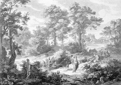 Spotkanie Ulissesa leżącego nad rzeką i Nausicaa. Rycina z końca XIX wieku. autorstwa Unknown artist