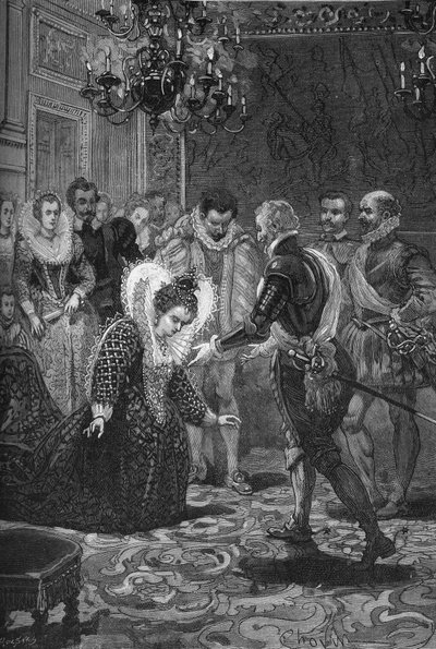 Spotkanie Maris de Medicis i Henryka IV (1601): Maria Medycejska (1573-1642) kłaniająca się swemu mężowi, królowi Francji Henrykowi IV (1553-1610). Rycina XIX wieku. W „Histoire de France” Julesa Micheleta autorstwa Unknown artist