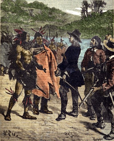 Spotkanie Roberta Caveliera de La Salle (1643-1687) z Indianami Ameryki. Rycina XIX wieku. autorstwa Unknown artist