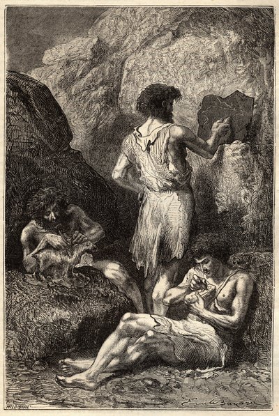 Mężczyźni w epoce kamienia - Mężczyźni w epoce kamienia - rycina XIX w. autorstwa Unknown artist