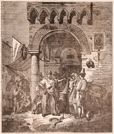 Kupiec gotujący makaron w rondlu, scena włoska (grawerowanie) autorstwa Unknown artist