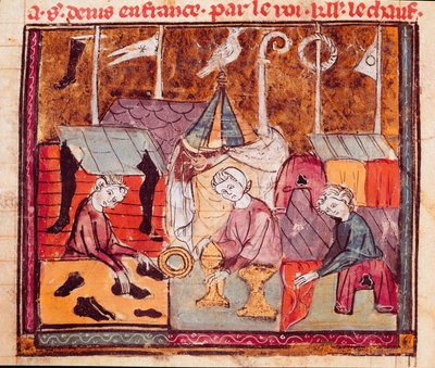 Kupcy (szewc, złotnik, handlarz tkaninami) na jarmarku Lendit koło Saint Denis Miniatura z „Grandes Chronicles de France”” 1375-1379 Biblioteka Miejska, Castres autorstwa Unknown artist