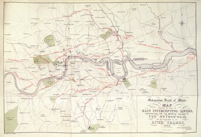 Mapa Metropolitan Board of Works przedstawiająca plan Bazalgette dla linii głównych kanałów przechwytujących, zbudowanych na potrzeby ulepszonego odwodnienia metropolii autorstwa Unknown artist