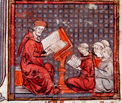 Średniowiecze: „”Klasa filozofii, nauczyciel i jego uczniowie”””Miniatura zaczerpnięta z „”Grandes Chronicles de France””1375-1379 Biblioteka Miejska, Castres autorstwa Unknown artist