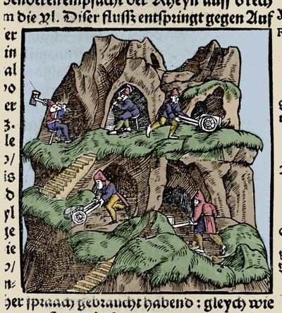 Kopalnie w XV wieku. Grawer z „Den Edlen Strength Besten Fromen” Johanna Stumpffa. początek XVI wieku. autorstwa Unknown artist