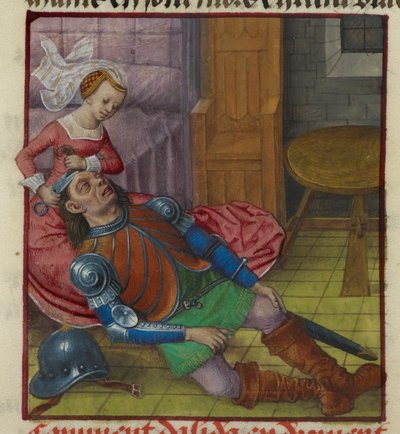 Miniatura przedstawiająca Delilę obcinającą włosy Samsonowi z „Le Roman de la Rose” autorstwa Unknown artist