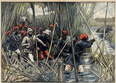 Misja Marchand (1896-1899) do Fachody (Sudan): francuski kapitan Baratier (1864-1917) i jego wojska posuwają się przez bagna w kierunku Fachody. (Według dziennika kapitana Baratiera). Ilustracja w „Le Pelerin” z 6 listopada autorstwa Unknown artist