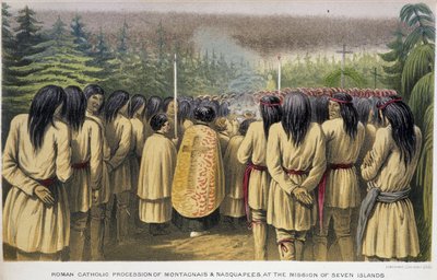 Misja Siedmiu Wysp: Katolicka procesja Montagnais i Nasquapees w Domu Siedmiu Wysp - w „Exploration of the Labrador Peninsula” Hind, Londyn autorstwa Unknown artist