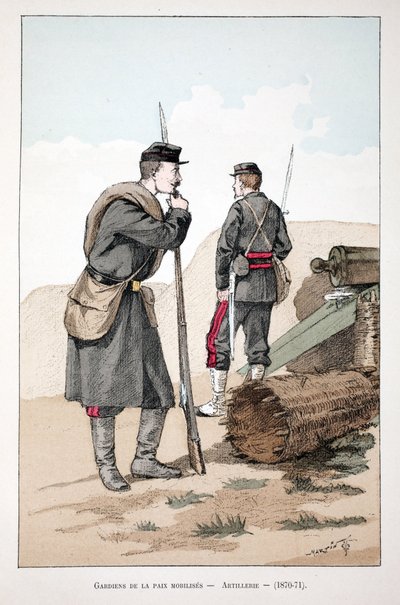Zmobilizowani żołnierze sił pokojowych (1870-1871). Akwaforta w kolorach, dla ilustracji „Historia korpusu sił pokojowych””” książka wydana pod patronatem Louisa Lepine’a (1846-1933) prefekta policji nad Sekwaną, autorstwa Alfreda Reya (1864-?) i Louisa Fe autorstwa Unknown artist
