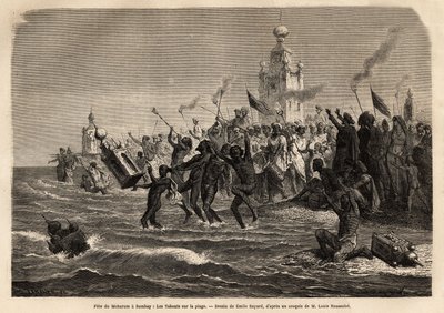 Święto Moharum, obchodzone na początku roku przez społeczność islamską Indii, po zrobieniu tabunów, świątyń ze złotego papieru imitujących grobowce imamów i po przejściu ich przez ulice, tabuny wrzuca się do morza. Grawerowanie autorstwa Unknown artist