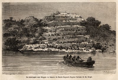 Monkey Mountain, wzdłuż rzeki Senegal, tuż za wodospadem Gouina (Mali). Grawer ilustrujący historię podróży porucznika Maga w Sudanie Zachodnim w latach 1863-1866, opublikowany w „Le tour du monde, nouveau journal des voyages”” pod d. autorstwa Unknown artist
