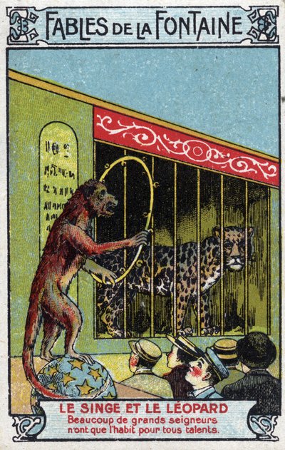 Małpa i lampart - Bajki Jean de La Fontaine (1621-95) - Chromolitografia z końca XIX wieku Kolekcja prywatna autorstwa Unknown artist