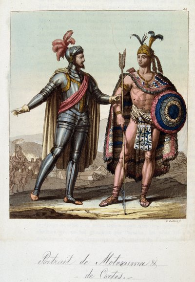 Montezuma II, król Azteków i Hernan (lub Hernando) Cortes lub Fernand Cortez (1485-1547), hiszpański konkwistador - w „Stary i współczesny kostium” Ferrario, wyd. Mediolan autorstwa Unknown artist