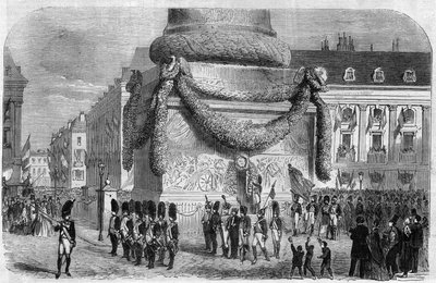Poranek festynu narodowego 15 sierpnia 1864 r. u stóp kolumny Placu Vendome w Paryżu. Grawerowanie w „Wspaniałym Wszechświecie” autorstwa Unknown artist