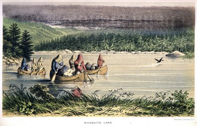 Mosquito Lake w Kanadzie: Indianie płyną kajakiem po jeziorze z moskitierami na głowie – w „Exploration of the Labrador Peninsula” Hind, Londyn autorstwa Unknown artist