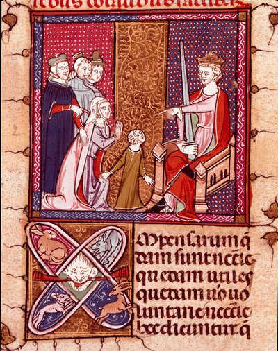 Matka i dziecko przed królem, przedstawicielka Justice Miniature zaczerpnięta z „Justiniani in Fortiatum”” XIV-wieczna Biblioteka Królewska Klasztoru Escorial (Escorial), Hiszpania autorstwa Unknown artist
