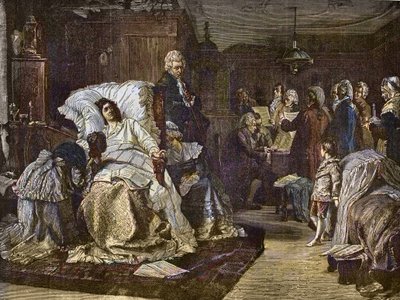 Ostatnie dni Mozarta po namalowaniu Hermanna Kaulbacha (1846-1909) - Gli ultimi momenti di Mozart - ostatni dzień Wolfganga Amadeusza Mozarta - grawerowanie w słynnym tygodniku „Muzyka popularna”” - 1882 autorstwa Unknown artist