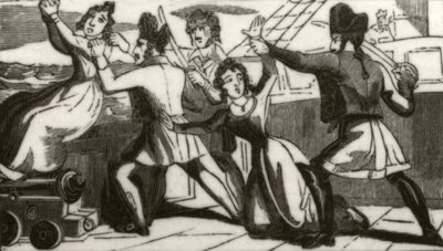 „Pani Glass i jej córka błagają piratów o ratowanie życia”, ok. 1836 r. autorstwa Unknown artist
