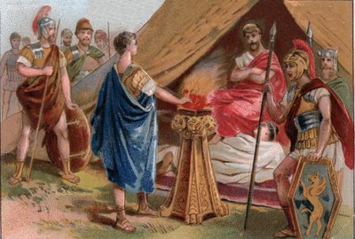Mucius Scaevola przed Porsenną (Mucius Scaevola przed Porsenną). Caius Mucius Scaevola, młody rzymski patrycjusz schwytany przez gwardię królewską Porsenny (Porsinna, Porsena) autorstwa Unknown artist