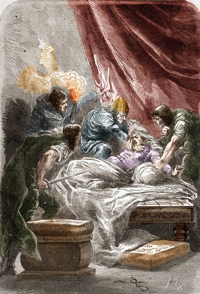 Morderstwo Galswinthe (Galsuinde) (Galsuinte) (ok. 545 - 567), królowej Franków w Neustrii, żony Chilperica I (króla Franków). Grawerowanie w „” Histoire De France En Cent Obrazy Paula Lehugeura „” 1891 autorstwa Unknown artist