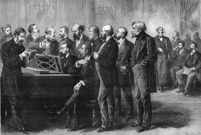 Konkurs muzyczny miasta Paryża w 1878 r. Jury w Palais du Luxemburg rozpatruje partytury „Pardis utraconego” i „Kubka”. Od lewej do prawej: Column, Perrin, Cherouvrier, Gounod, Boulanger, Camille Saint Saens (Saint-Saens), Lenepveu, vaucorbe autorstwa Unknown artist