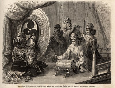 Muzycy z kaplicy papieskiej w Kioto (lub Kioto), grający na pięciu instrumentach sakralnych, flecie traversiere i flecie pan, muszla morska, kotły i kakdaiko, oryginalny gong. Grawer ilustrujący podróż do Japonii w latach 1863-1864, autorstwa Aime Humberta autorstwa Unknown artist