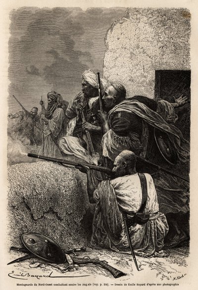 Muzułmańscy alpiniści osiedlili się w górach Svat, walcząc z angielską ekspedycją w 1863 roku, aby powstrzymać grabież wiosek w regionie. Rycina ilustrująca historię Pandżab i Kaszmiru, autorstwa Guillaume Lejean w 1866 roku, opublikowana w „” Le tour du autorstwa Unknown artist