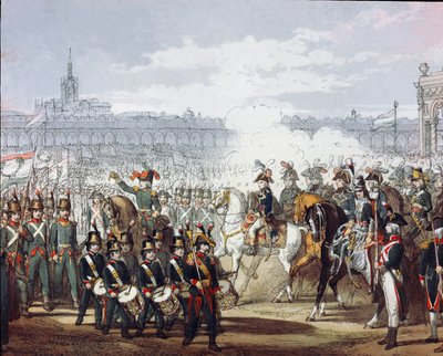 Napoleon Bonaparte (1769-1821) dokonuje przeglądu lombardzkiego i cyspadańskiego legionu milicji w dniu 07.09.1797 r. Grawerowanie akwarelowe. Mediolan, Museo del Risorgimento autorstwa Unknown artist