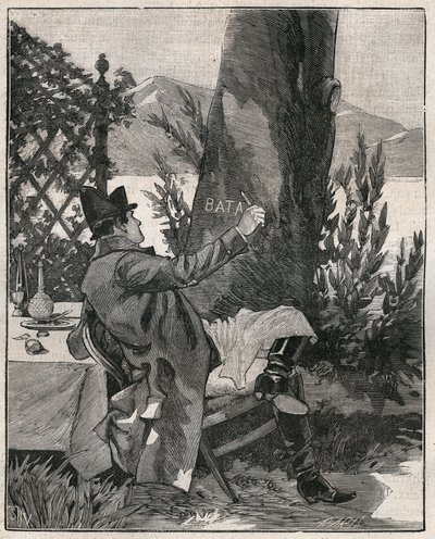 Napoleon Bonaparte (1769-1821) napisał słowo „Battaglia” na pniu drzewa laurowego na wyspie Isola Bella na jeziorze Maggiore (Lago Maggiore), trzy dni przed bitwą pod Marengo w 1800 roku. Rycina z 1885 roku w „” Les arts et metiers illustres” autorstwa Unknown artist